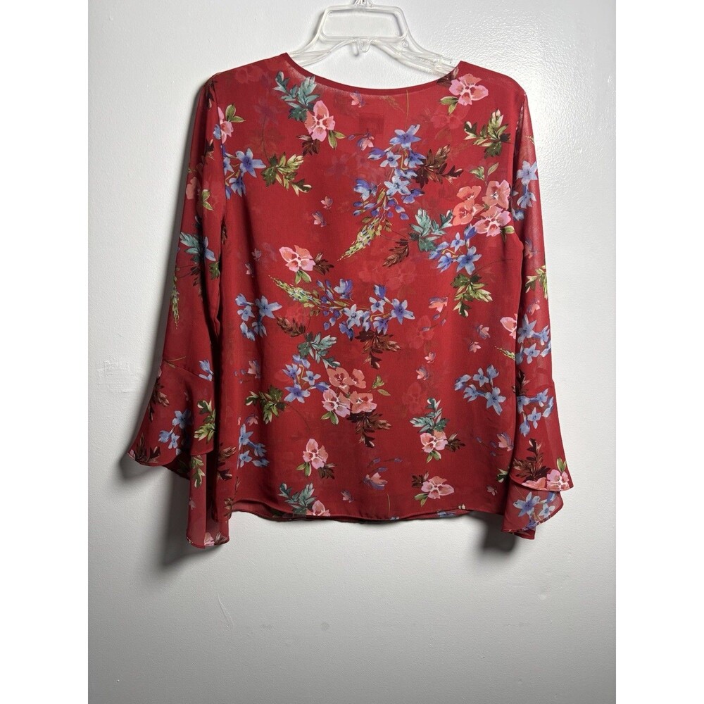 CAbi Red Floral Chiffon Sheer Ruffle Bell Sleeve V-Neck Blouse Women’s S 3590 - Picture 4 of 8